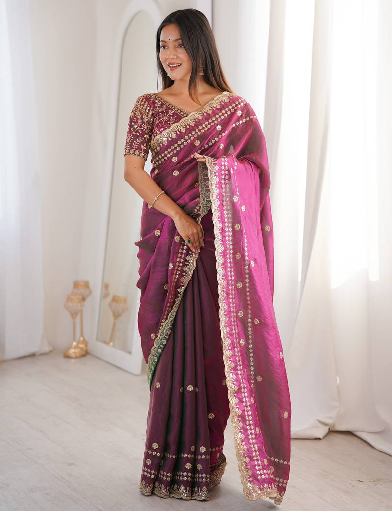 Wine color beautiful sequins work heavy partywear saree