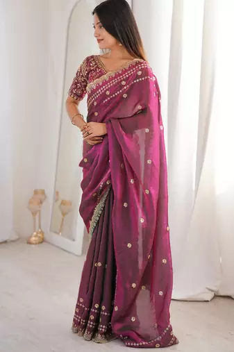 Wine color beautiful sequins work heavy partywear saree