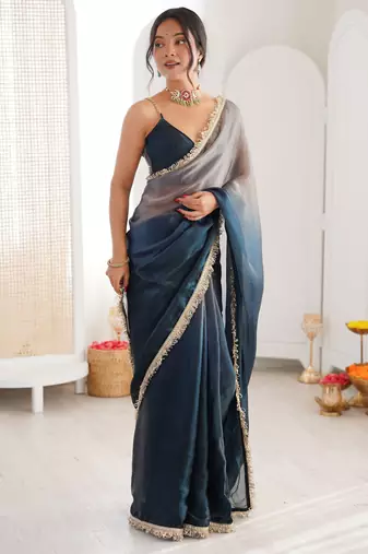 Grey color beautiful fendy satin fabric girlie looks stylish saree
