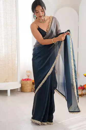 Grey color beautiful fendy satin fabric girlie looks stylish saree