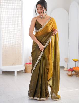 Mahendi color beautiful fendy satin fabric girlie looks stylish saree 1