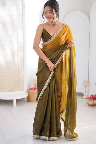 Mahendi color beautiful fendy satin fabric girlie looks stylish saree