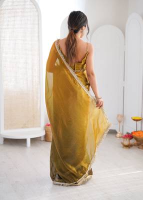 Mahendi color beautiful fendy satin fabric girlie looks stylish saree 2