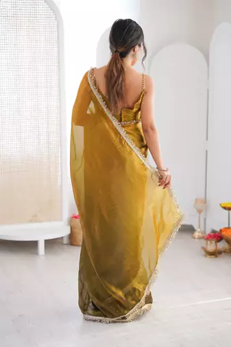 Mahendi color beautiful fendy satin fabric girlie looks stylish saree