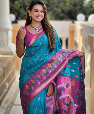 Sky blue silk blend ikkat and patola weaving concept saree & contrast blouse 2