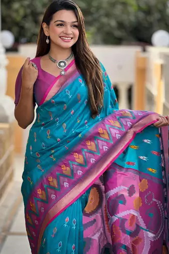 Sky blue silk blend ikkat and patola weaving concept saree & contrast blouse