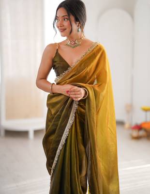 Mahendi color beautiful fendy satin fabric girlie looks stylish saree 3