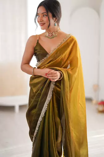 Mahendi color beautiful fendy satin fabric girlie looks stylish saree