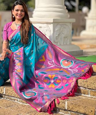 Sky blue silk blend ikkat and patola weaving concept saree & contrast blouse 3