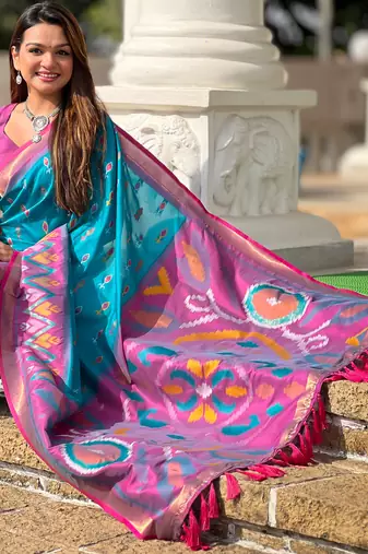 Sky blue silk blend ikkat and patola weaving concept saree & contrast blouse