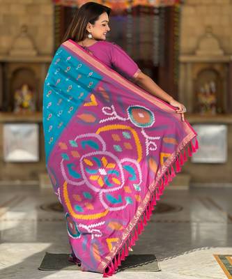 Sky blue silk blend ikkat and patola weaving concept saree & contrast blouse 4