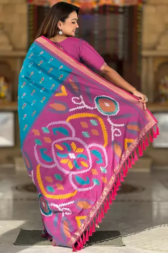 Sky blue silk blend ikkat and patola weaving concept saree & contrast blouse