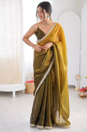 Mahendi color beautiful fendy satin fabric girlie looks stylish saree