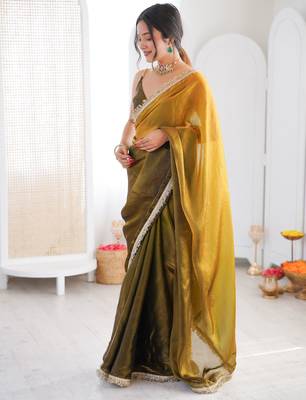 Mahendi color beautiful fendy satin fabric girlie looks stylish saree 5
