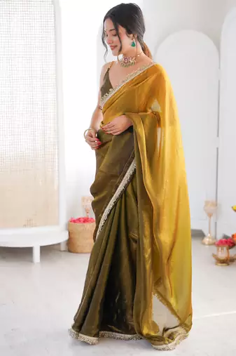 Mahendi color beautiful fendy satin fabric girlie looks stylish saree