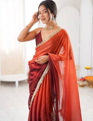 Orange color beautiful fendy satin fabric girlie looks stylish saree 3