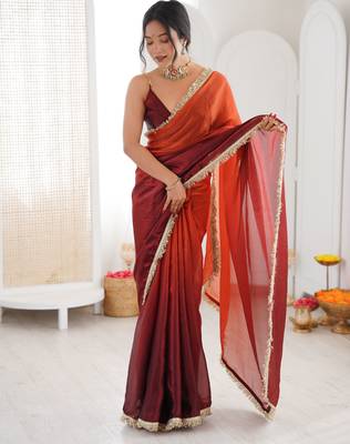 Orange color beautiful fendy satin fabric girlie looks stylish saree 4