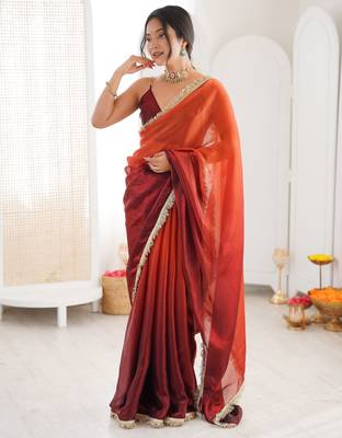 Orange color beautiful fendy satin fabric girlie looks stylish saree 5