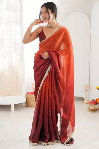 Orange color beautiful fendy satin fabric girlie looks stylish saree
