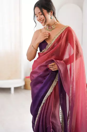 Purple color beautiful fendy satin fabric girlie looks stylish saree