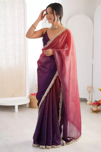 Purple color beautiful fendy satin fabric girlie looks stylish saree