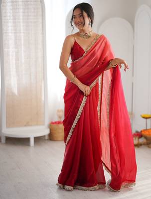 Red color beautiful fendy satin fabric girlie looks stylish saree 1