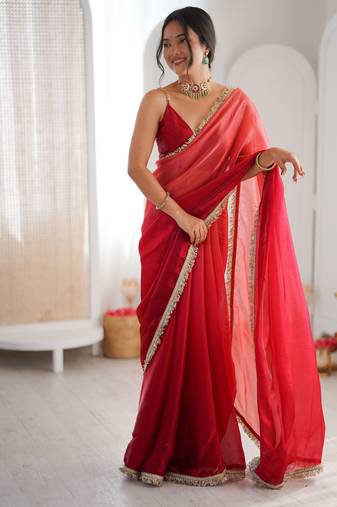 Red color beautiful fendy satin fabric girlie looks stylish saree