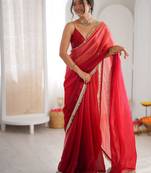 Red color beautiful fendy satin fabric girlie looks stylish saree