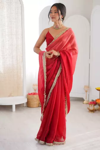 Red color beautiful fendy satin fabric girlie looks stylish saree