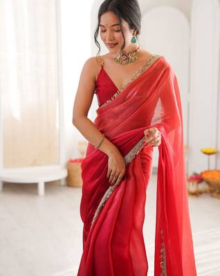Red color beautiful fendy satin fabric girlie looks stylish saree 3