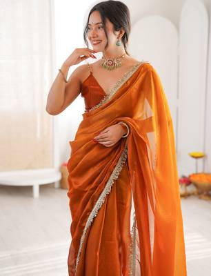 Mustard color beautiful fendy satin fabric girlie looks stylish saree 3