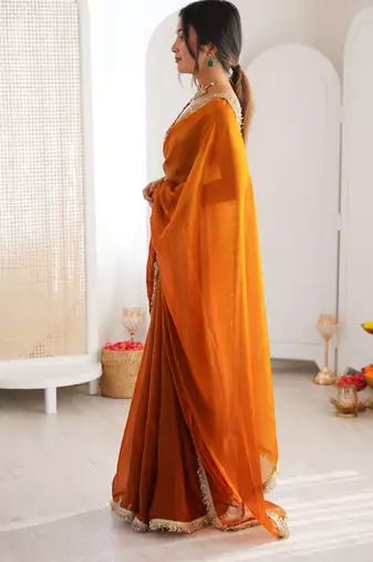 Mustard color beautiful fendy satin fabric girlie looks stylish saree