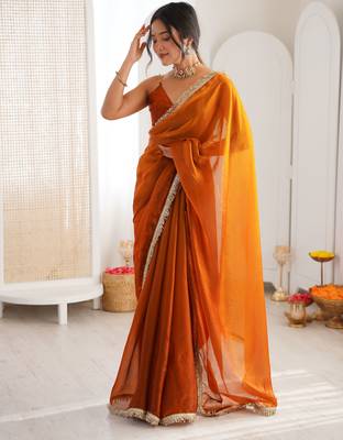 Mustard color beautiful fendy satin fabric girlie looks stylish saree 5