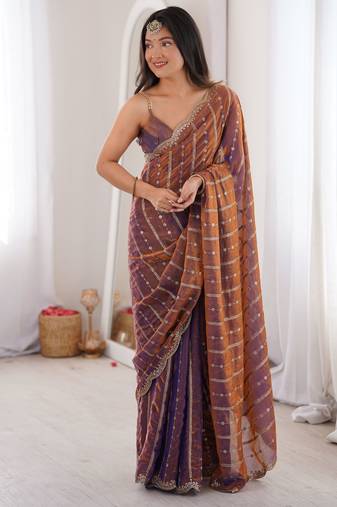 Lavender color stylish bollywood looks fendy satin fabric saree