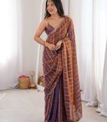 Lavender color stylish bollywood looks fendy satin fabric saree