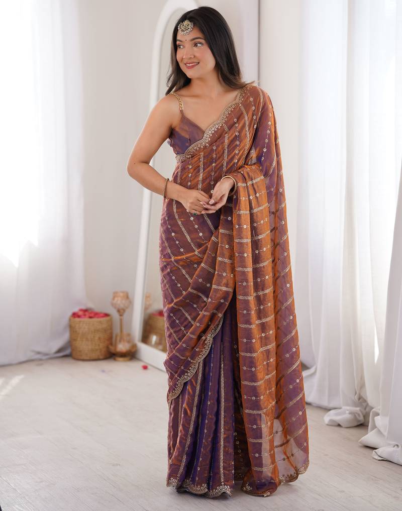 Lavender color stylish bollywood looks fendy satin fabric saree