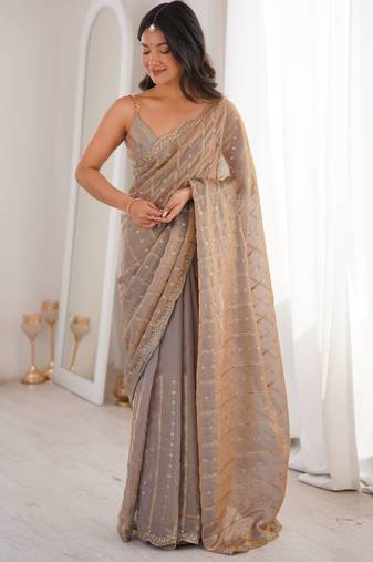 Chiku color stylish bollywood looks fendy satin fabric saree
