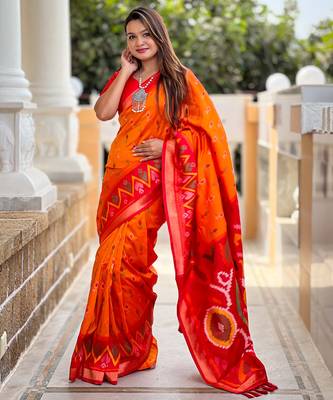 orange art silk ikkat and patola weaving concept saree & contrast blouse 2