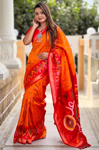 orange art silk ikkat and patola weaving concept saree & contrast blouse
