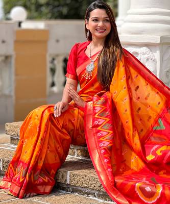 orange art silk ikkat and patola weaving concept saree & contrast blouse 3