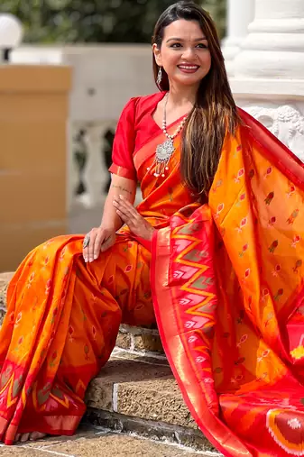 orange art silk ikkat and patola weaving concept saree & contrast blouse