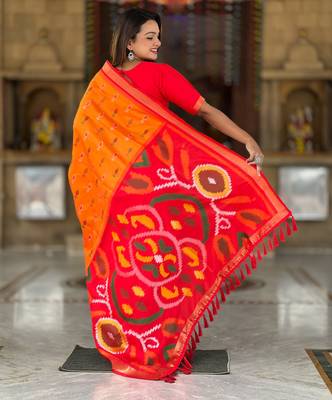 orange art silk ikkat and patola weaving concept saree & contrast blouse 4