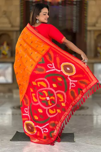 orange art silk ikkat and patola weaving concept saree & contrast blouse