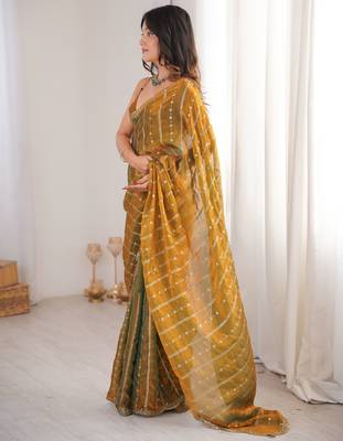 Gold color stylish bollywood looks fendy satin fabric saree 4