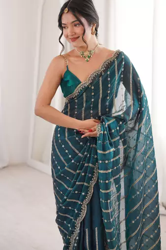 Teal color stylish bollywood looks fendy satin fabric saree
