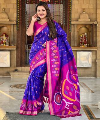 Royal blue silk blend ikkat and patola weaving concept saree & contrast blouse 2