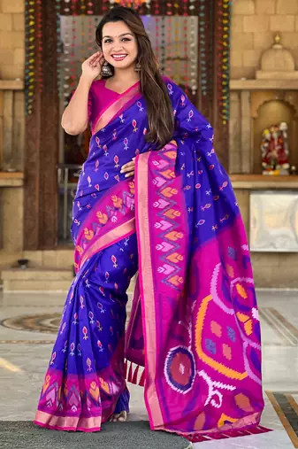 Royal blue silk blend ikkat and patola weaving concept saree & contrast blouse
