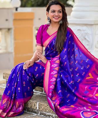 Royal blue silk blend ikkat and patola weaving concept saree & contrast blouse 3