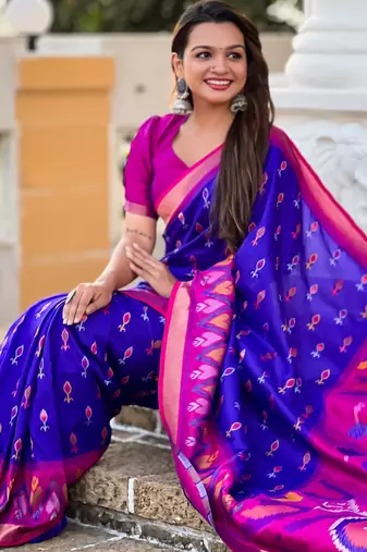 Royal blue silk blend ikkat and patola weaving concept saree & contrast blouse