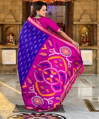 Royal blue silk blend ikkat and patola weaving concept saree & contrast blouse 4